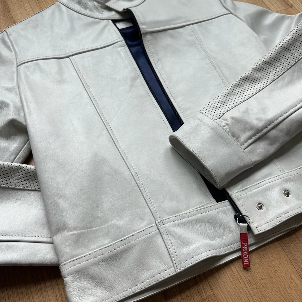 Peroni Italy White Leather Full Zip LOGO perforated Sleeve Jacket - Picture 9 of 9